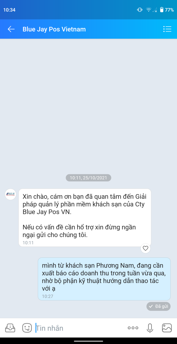 Trực tiếp trao đổi khi có vấn đề, trục trặc và bộ phận kỹ thuật sẽ hỗ trợ ngay lập tức. blue-jay-pms-su-dung-zalo-business-de-ho-tro-khach-hang-tot-hon