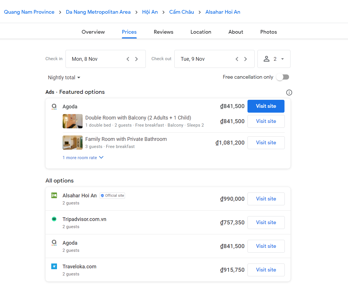 Alsahar Hoi An hiển thị thông tin các kênh bán phòng khi triển khai Free Booking Links. /free-booking-links-trong-google-hotel-ads-va-nhung-dieu-khach-san-can-biet