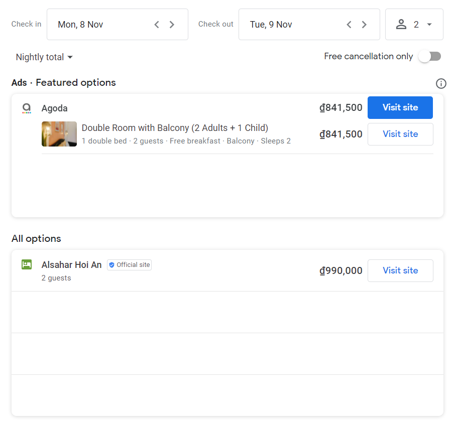 Thông tin giữa nhãn “Ads – Featured options” và “All options” có sự khác nhau. free-booking-links-trong-google-hotel-ads-va-nhung-dieu-khach-san-can-biet
